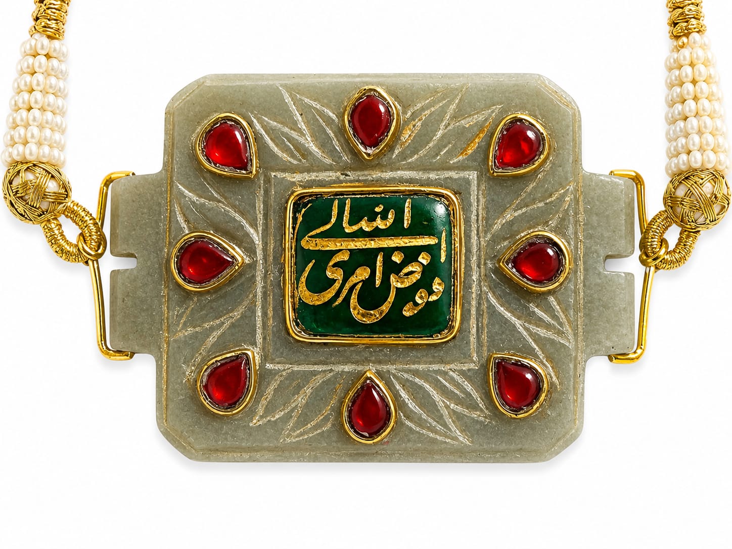 Mughal handmade islamic jade stone pendant studded with light grey precious stone
